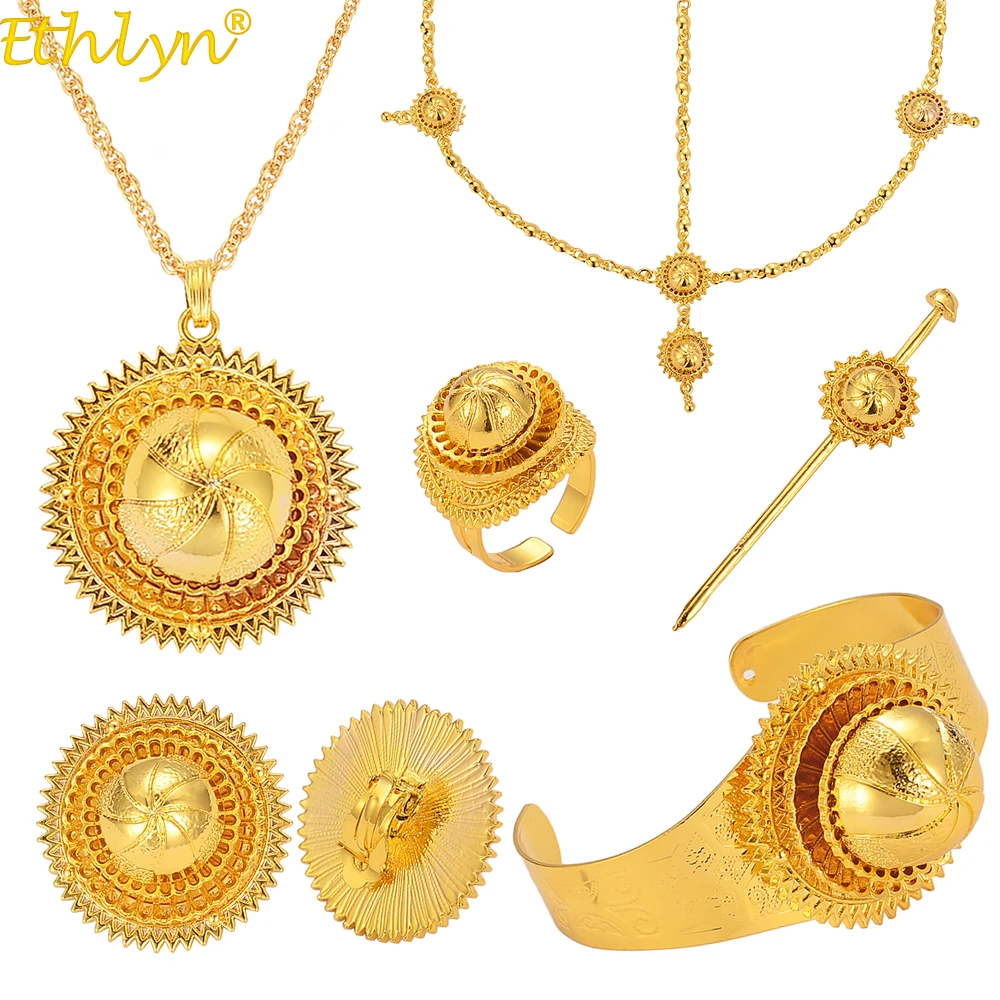 Ethlyn Six-pcs Jewelry Sets ,Gold Color Ethiopian Eritrean Habesha Wedding Party Jewelry Sets ,African Traditional Jewelry S294