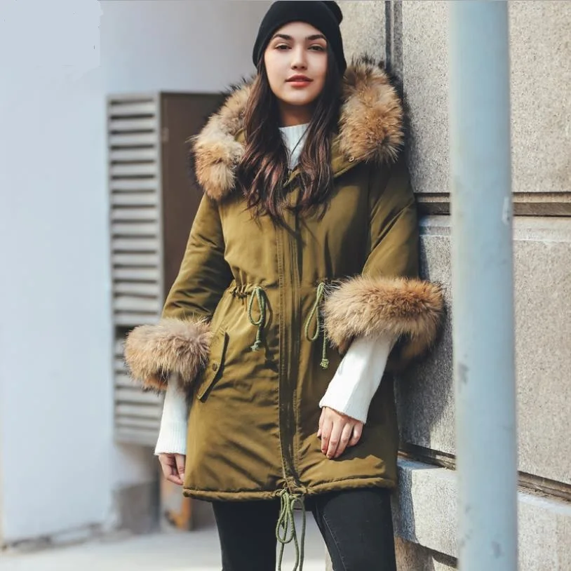 New arrival fashion brand winter big real fur collar hooded coat female long thicker warm down cotton coat with drwstring wq782