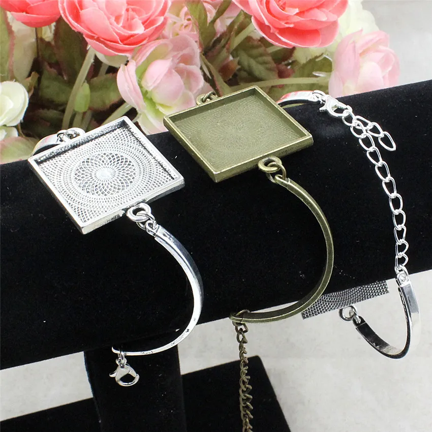 Fit 25mm Square Metal Blank Setting Bezel Cabochon Bracelet Rectangle Base For DIY Bangle 2 strands/lot K05505