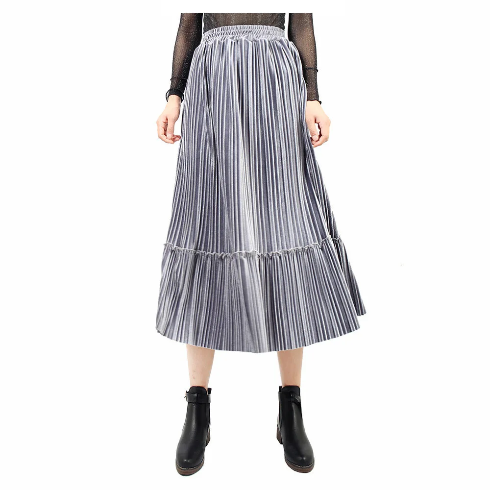 2018 new hot fashion skirt Women's Elastic Waist Retro Luster Elegant Metallic Pleated A Line Maxi Skirts S-XL BQ071