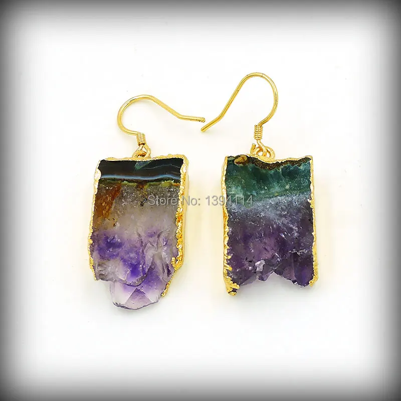 Natural Amethyst Druzy Slice Earrings Gold Plated 10-12mm