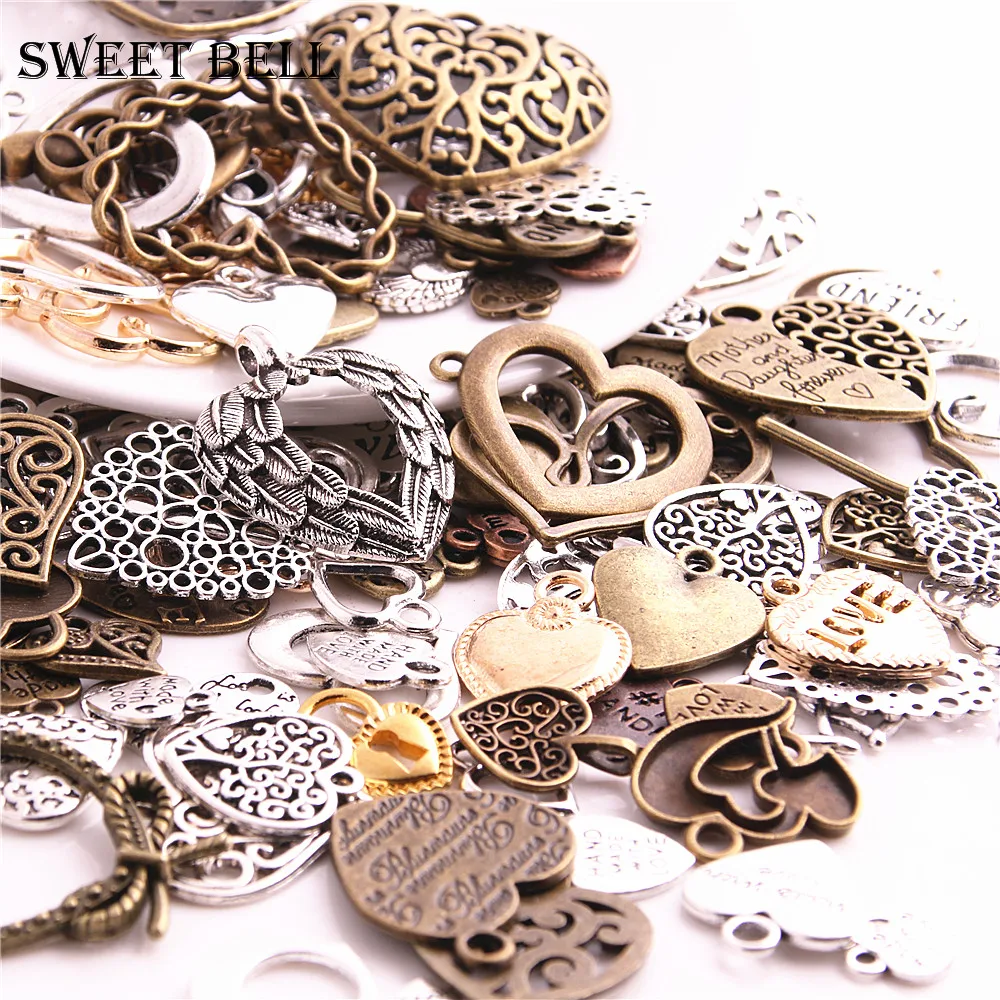 100pcs Vintage Metal Mixed Hearts Charms Fashion Retro Love Pendant For Jewelry Making Diy Handmade