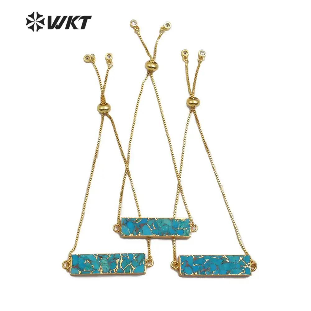 WT-B473 WKT Gold Electroplated Rectangle Blue Vein Turquoises 18k Gold Bracelet Women Vintage Fine Jewelry