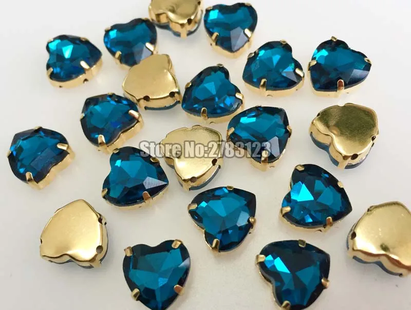 Gold bottom peacock blue heart shape AAA Glass Crystal sew on claw stones,flatback loose rhinestones Free shipping SWHJ013