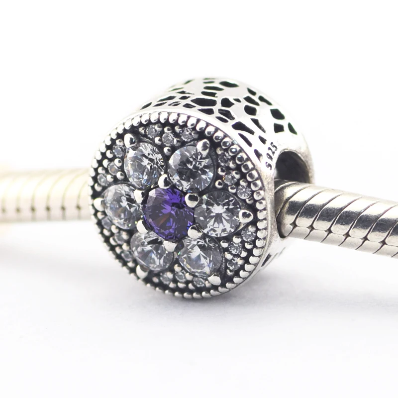 Forget Me Not Purple CZ Crystal Charm Fits Original Silver Chain Bracelets For Woman DIY Beads For Jewelry Making