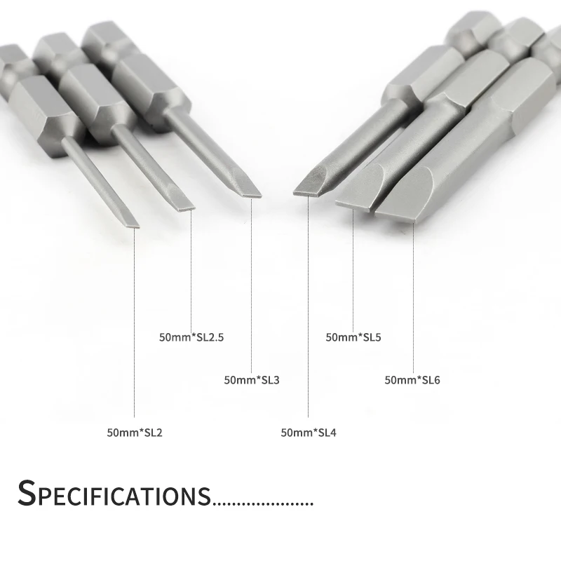 50mm 2.0-6.0mm Magnetic Flat Head Slotted Tip Screwdrivers Bits Set S2 Alloy 1/4\