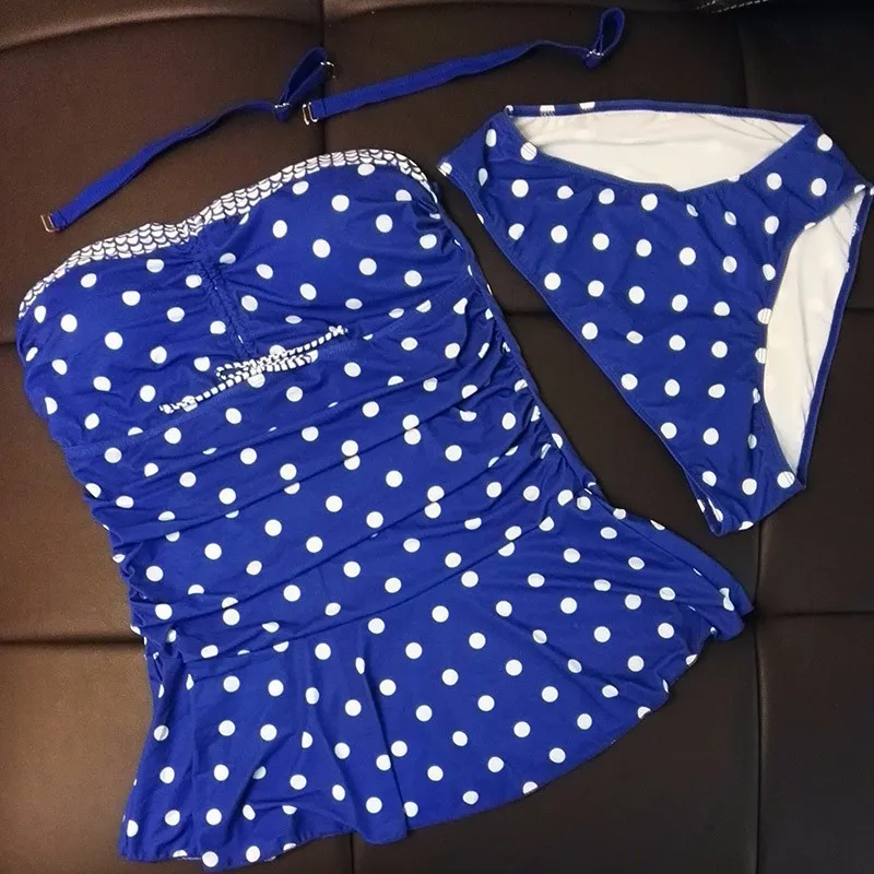 Plus rozmiar dwuczęściowy strój kąpielowy spódnica pływacka Polka Dot stroje kąpielowe kobiety w stylu Vintage Swimdress Plus rozmiar strój