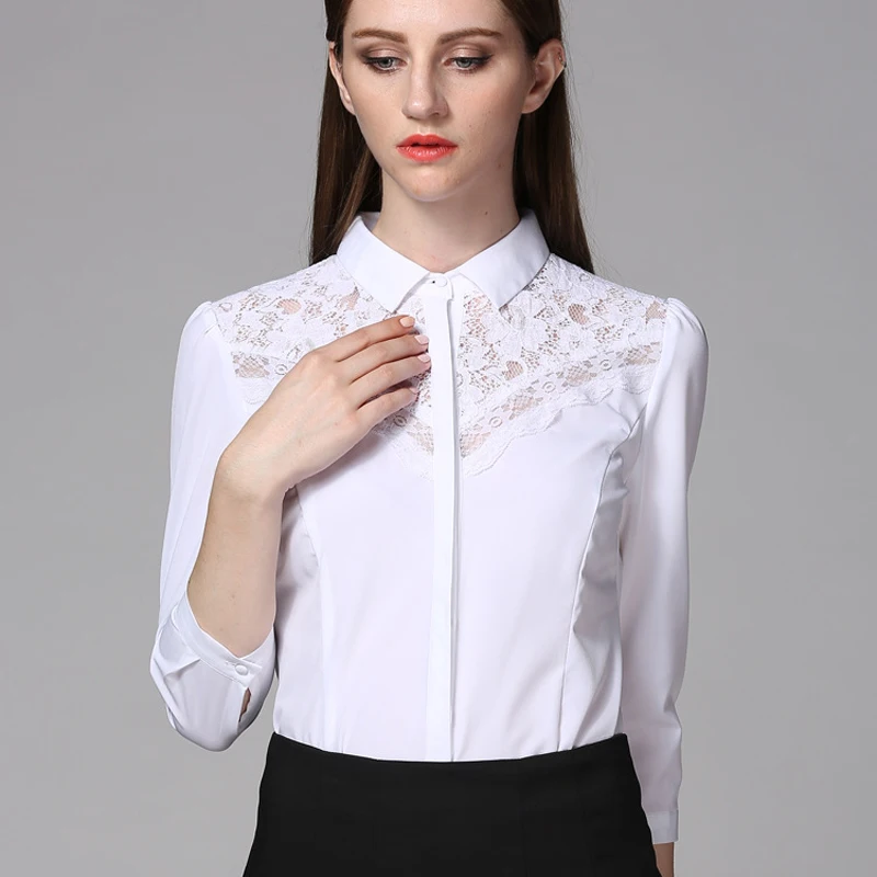 New Women Body Shirt Blouses Slim Fit Turn-down Collar Fashion Lace Patchwork design Three Quarter Sleeve Black SY0287 S-XL