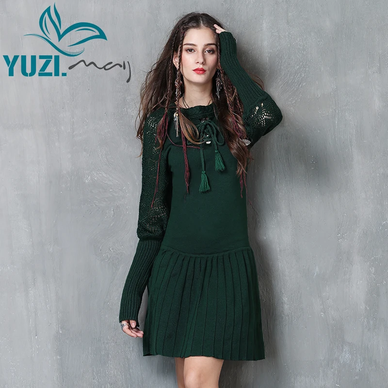 

Women Dress 2017 Yuzi.may Boho New Cotton Wool Vestidos Lantern Sleeve O-Neck A-line Pleated Dresses A82058 Vestido Feminino