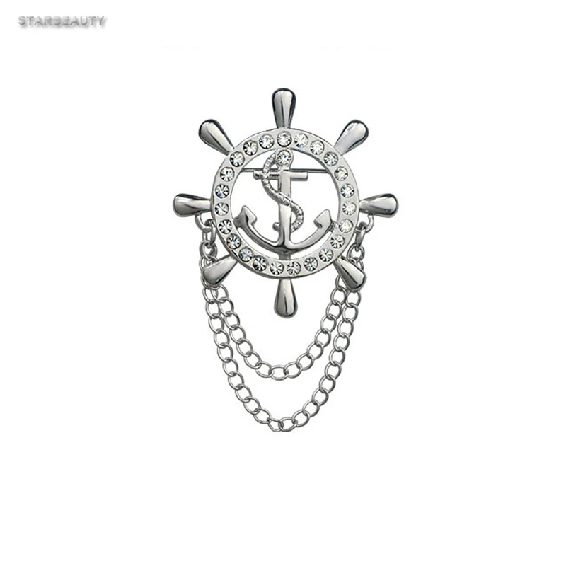 Golden Rudder Anchor Brooch Mens Suit Boutonniere Badge Korean Brooches for Men Lapel Pin Women Broches Chain Christmas Gift