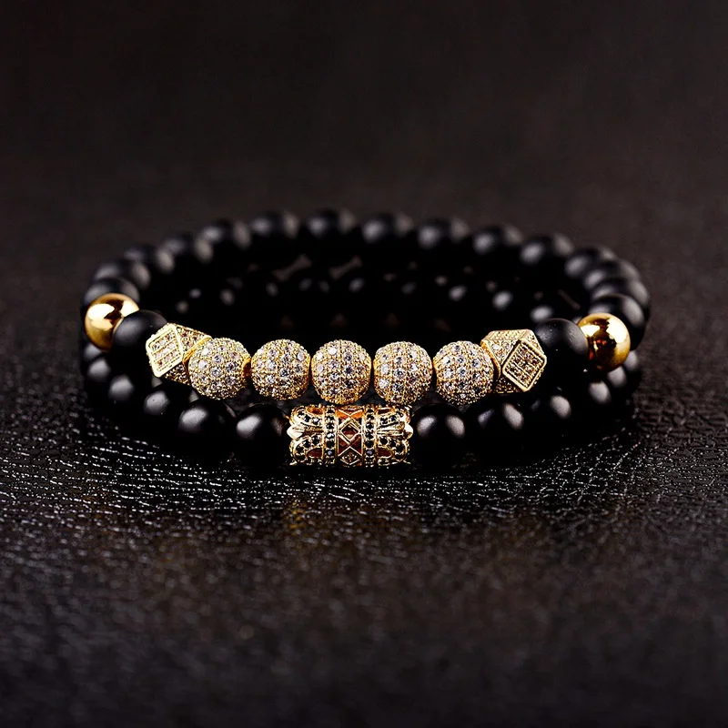 

2019 New Zircon Ball Strand Bracelet Men Inlay CZ Pave Natural Stone Beads Bracelets Set Women Jewelry Hand Accessories