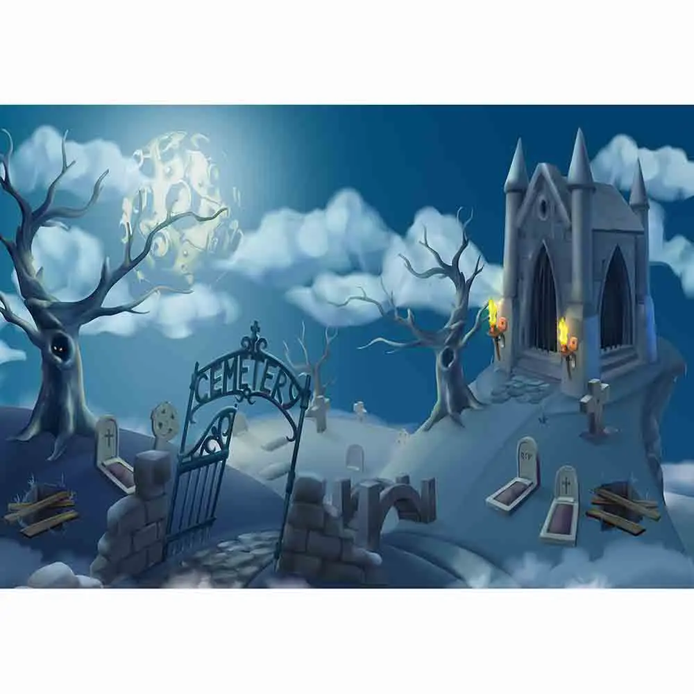 Allenjoy photography background cemetery ghost WISP cartoon clouds tree night Halloween photo backdrops camera wallpapers