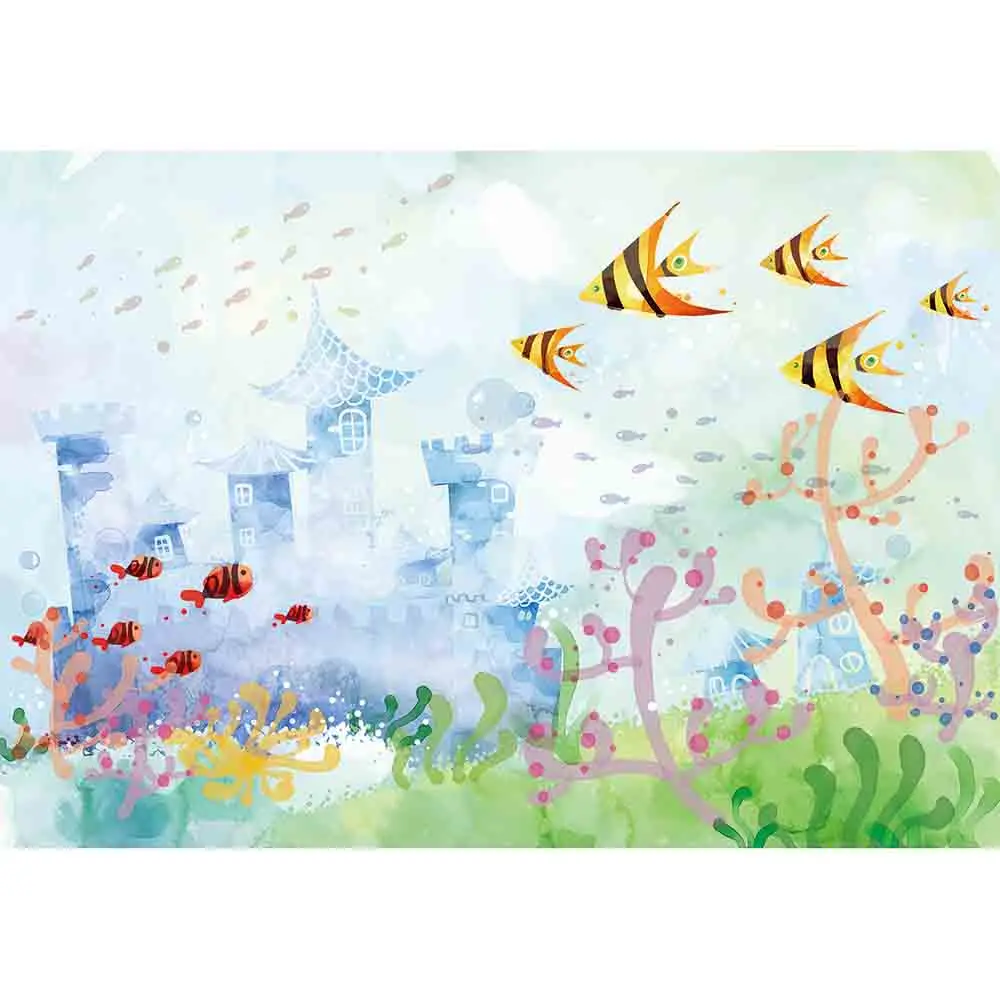 Funnytree background for photo studio castle seabed fish seaweed watercolor art fantasy children backdrop fotografia for photo