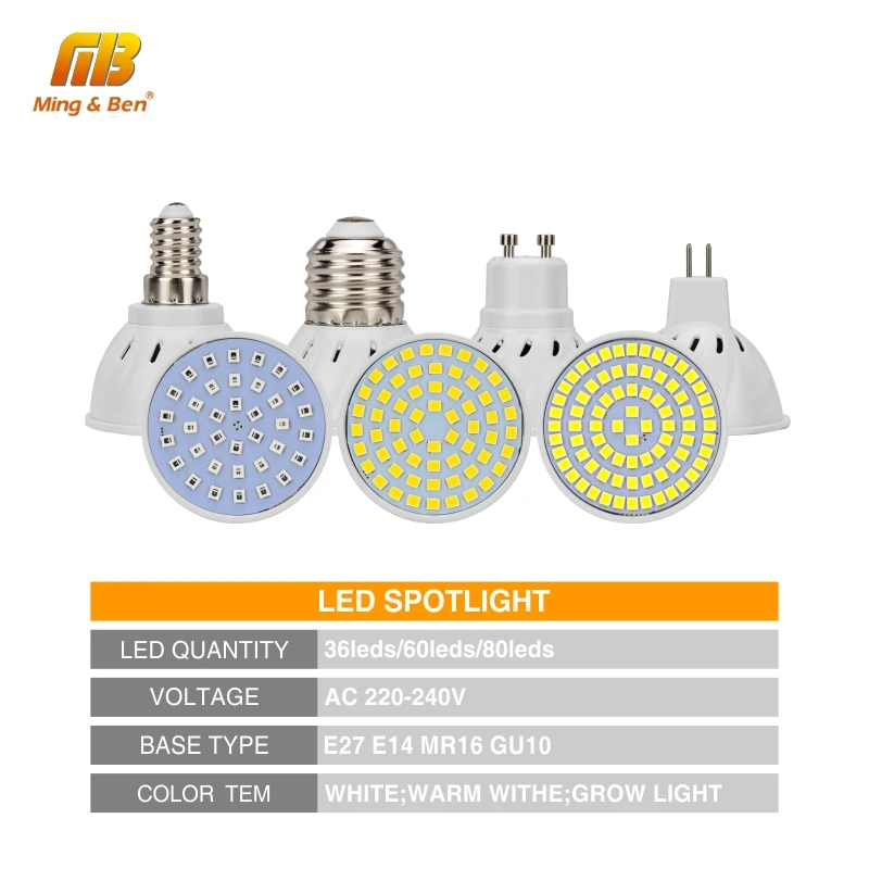 E27 E14 MR16 GU10 Lampada LED Bulbs 220V 240V Bombillas 5W 6W 7W 9W 12W LED Lamp Spotlight 36 60 80 LEDs SMD 2835 LED Spot Light