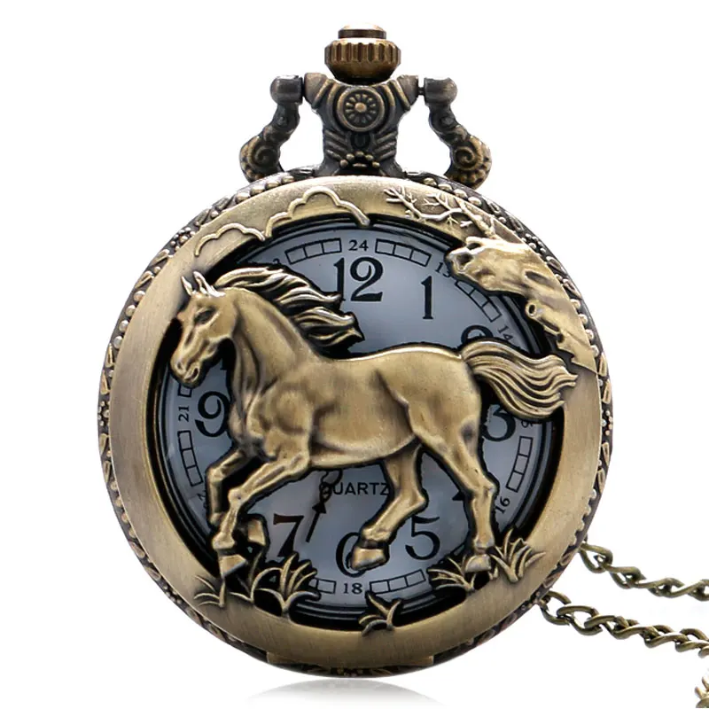 

Running Horse Pocket Watch Hollow Relogio de Bolso Carving Vintage Quartz Men Women's Fob Watch With Chain Clock zegarek damski