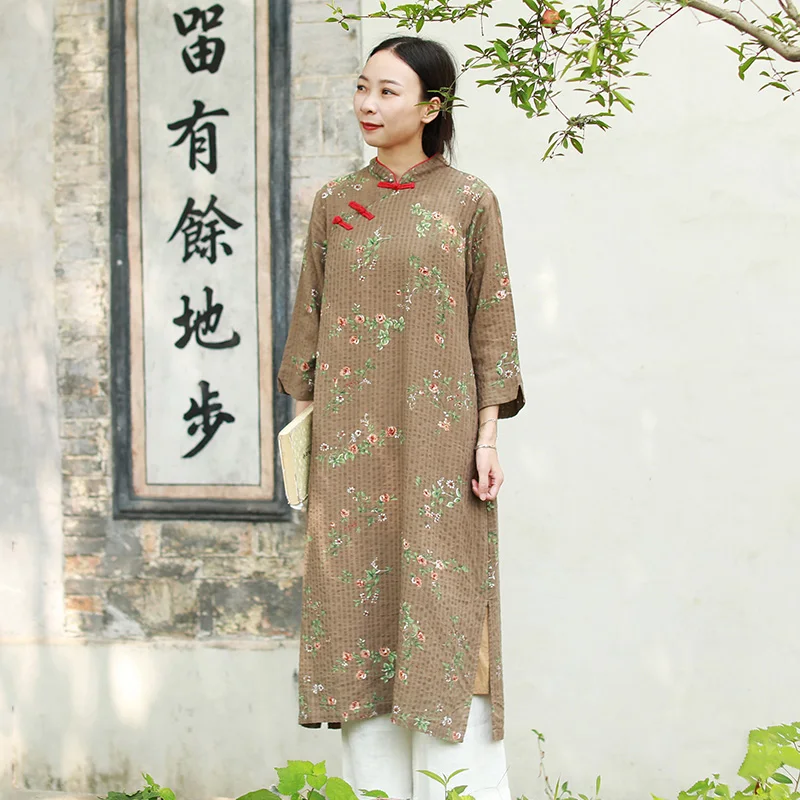 LZJN-Floral Dress for Women, 3/4 Sleeve, Mandarin Collar, Long Dress, Cotton Cheongsam, Qipao Vintage Robe, Spring and Autumn