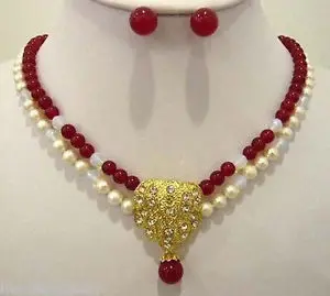 Beautiful 2 row red jade white shell  pearl wedding necklace pendant earring set