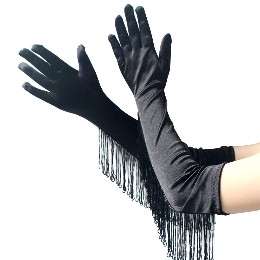 JaneVini New Tassel Satin Wedding Gloves For Bride Long Black White Bridal Gloves Latin Dance Show Red Gloves Elbow Full Finger