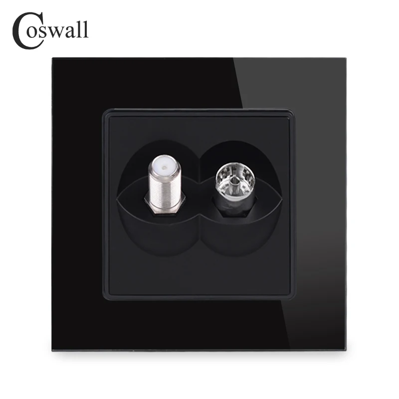 Coswall Tempered Crystal Glass Panel Female TV Connector With Satellite Outlet Wall Socket Black White Gold Grey Colorful Series