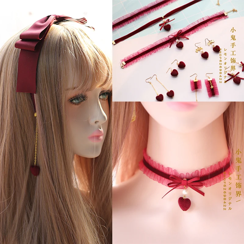 Japanese bow headband multi-layer bow headband velvet heart pendant necklace ear hook headband hair accessories