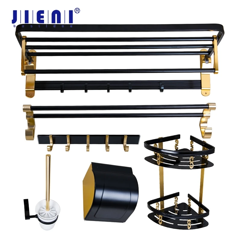 JIENI Bathroom Matte Black Bronze Folding Wall Mounted Bathroom Towel Rail Holder Storage Rack Shelf Bar Hanger Hardware