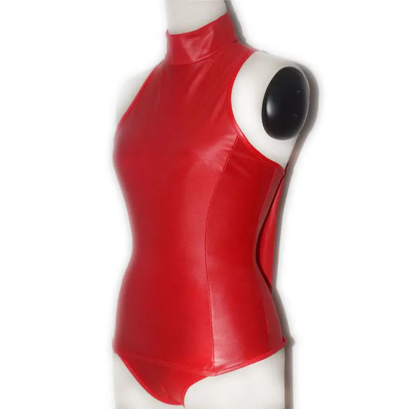 Women Sexy Wet Look High Collar Leotard with Arm Restraint Sheath Catsuit Fetish Role Play Costume Plus Size