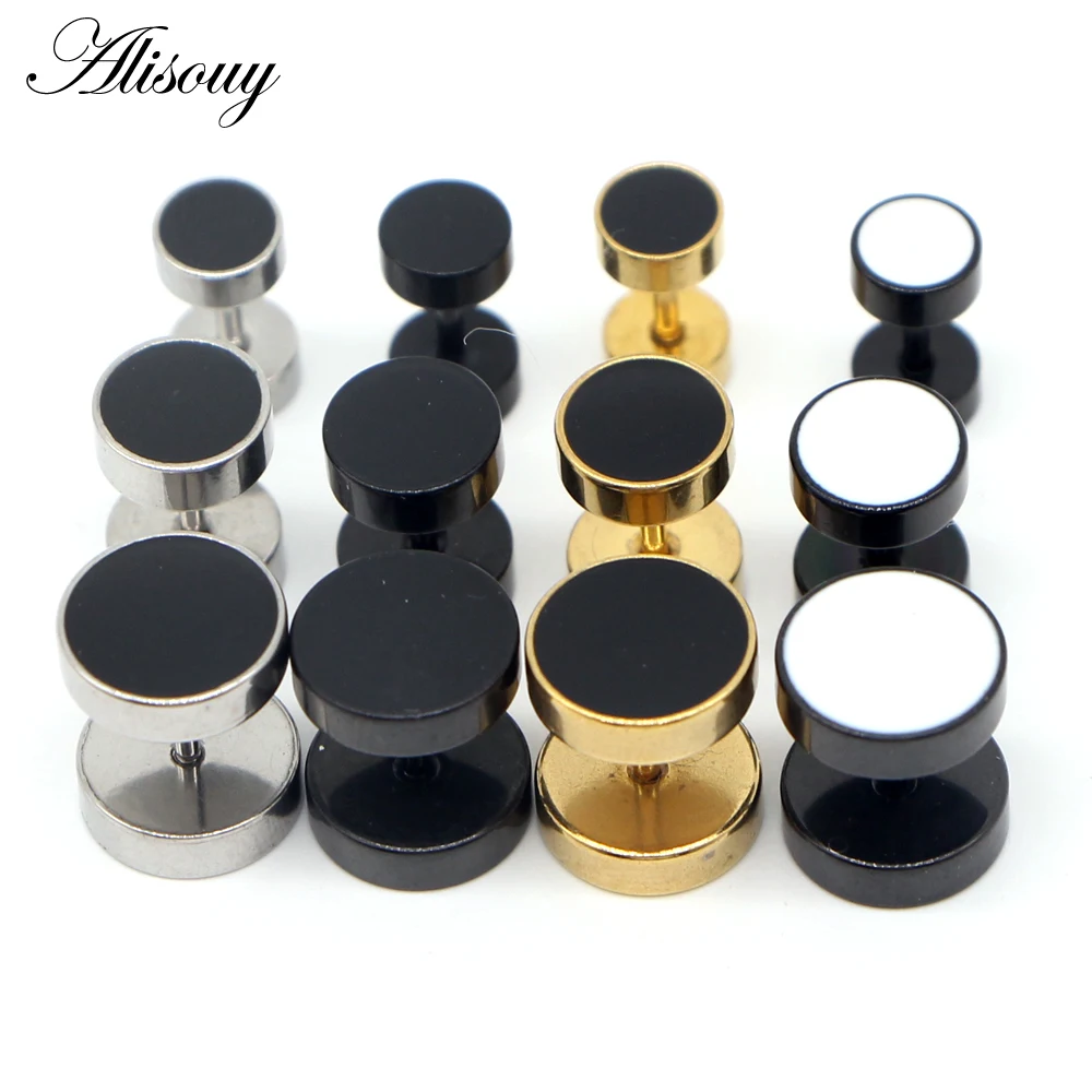 Alisouy 2pcs Stainless Steel Earring Studs Girl Boy Earrings Drip Oil Round Barbell Body Piercing Jewelry Fake Ear Plug Tunnels