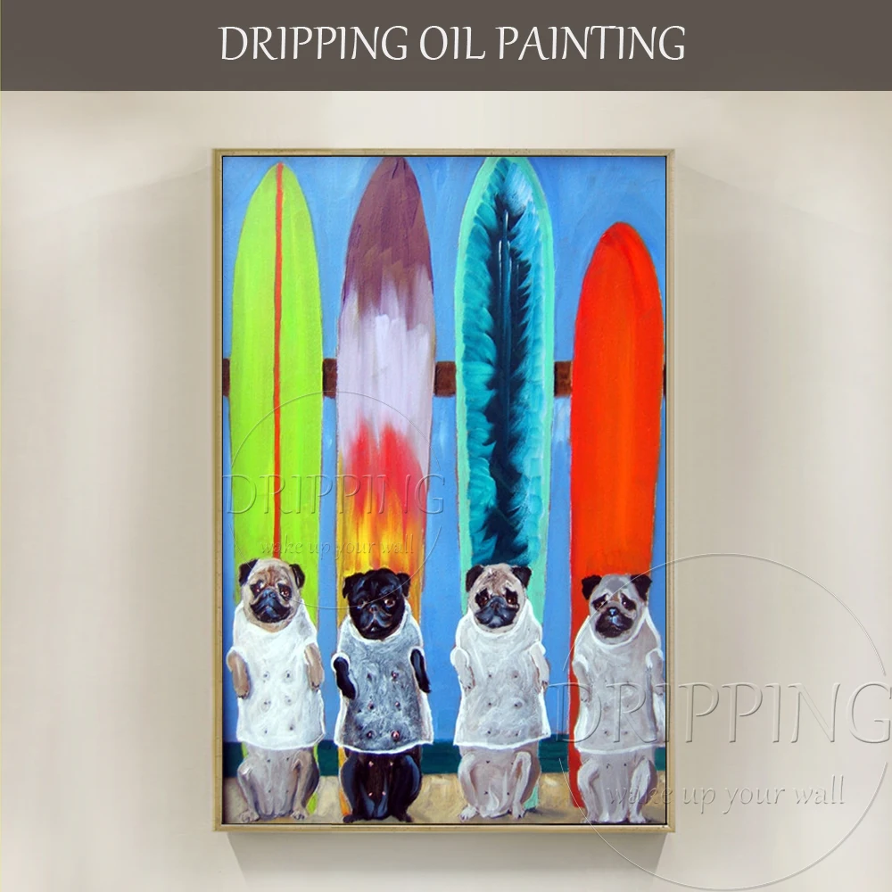 Artist Hand-painted High Quality Funny Animal Dogs ready to Surfing Oil Painting Cute Dog Pug Oil Painting for Wall Funny Decor