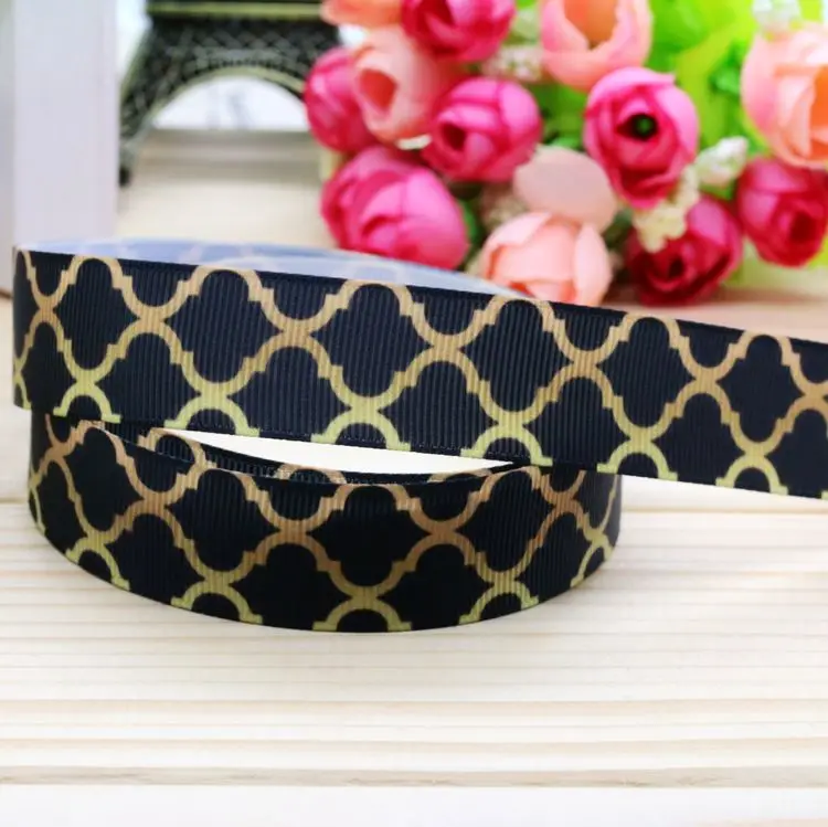 DHK 7/8'' 5yards gold color Quatrefoil printed grosgrain ribbon headwear hairbow diy party decoration OEM Wholesale 22mm C981