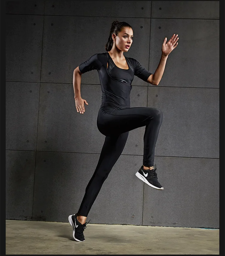 

2PCS/SET Women fitness running sets violence burst slim high waist sweat gym clothes compression shirt with tights