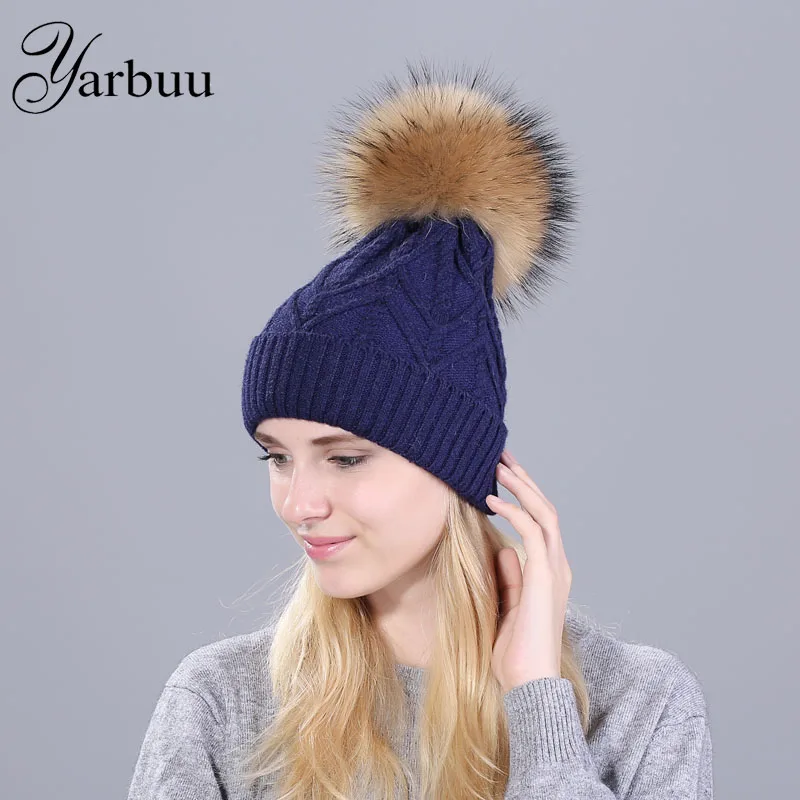 [YARBUU] real mink pom poms wool fur knitted winter hat for women female fashion skullies casual ski caps thick warm solid hats