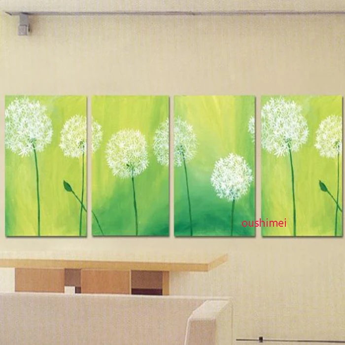 Handmade 4 Panel Dandelion Wall Painting Modern Green Landscape Home Decor Picture Painted On Canvas Group Of Picture Art