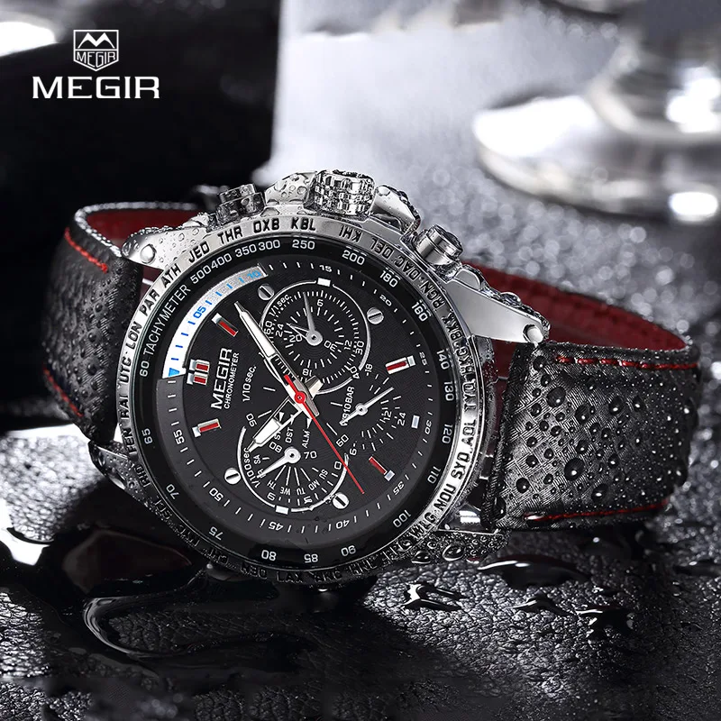 MEGIR hot fashion man\'s quartz wristwatch brand waterproof leather watches for men casual black watch for male 1010