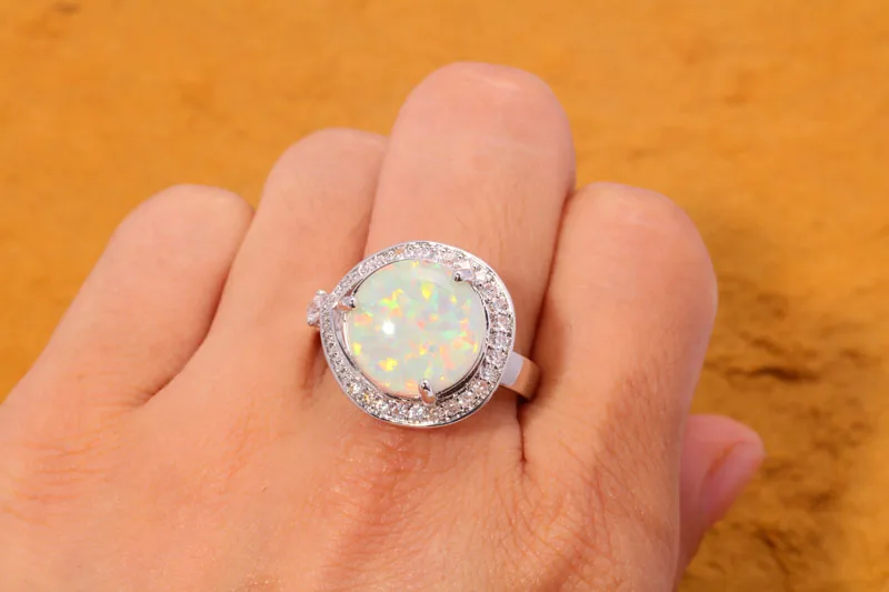 CiNily Created White Fire Opal Cubic Zirconia Silver Plated Wholesale Fashion Wedding for Women Jewelry Ring Size 6-10 OJ5405