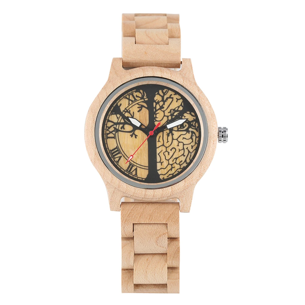 Women\'s Watch Wood Quartz Watch Natural Wood Wristwatch Luminous Full Maple Tree of Life Pattern Dial