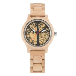 Women's Watch Wood Quartz Watch Natural Wood Wristwatch Luminous Full Maple Tree of Life Pattern Dial