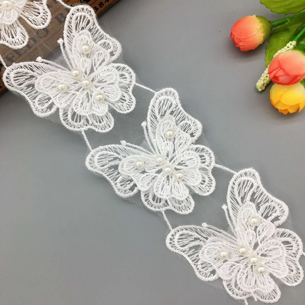 1 Yard Vintage White Butterfly Pearl Beaded Lace Trim Fabric Ribbon Embroidered Dantel Applique DIY Sewing Craft Wedding Dress