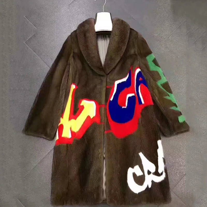 Ftangaiur 冬用レディースジャケット 輸入ミンクファーコート スリム ターンダウンカラー プリントミンクコート エクストラロング 本物のミンクファーコート