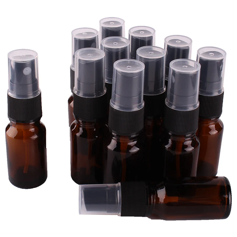 12pcs 10ml Amber Glass Spray Bottle w/ Black Fine Mist Sprayer essential oil bottles empty cosmetic containers