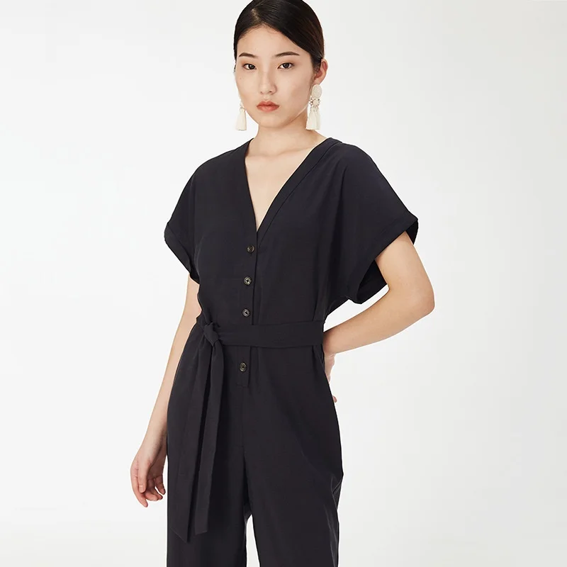 หลวม Casual Jumpsuit 2019 ฤดูร้อนปุ่ม Overalls V คอแขนสั้นผู้หญิง Playsuit Elegant Jumpsuits สำหรับผู้หญิง 2019 DD2188