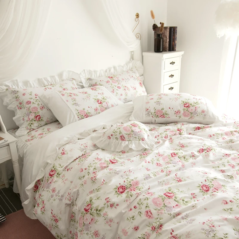 100%Cotton Soft White Pink Floral Rose Girls Bedding Set 3/4/7Pcs Single Doubel King Cal King Duvet cover Bedskirt Pillowcases