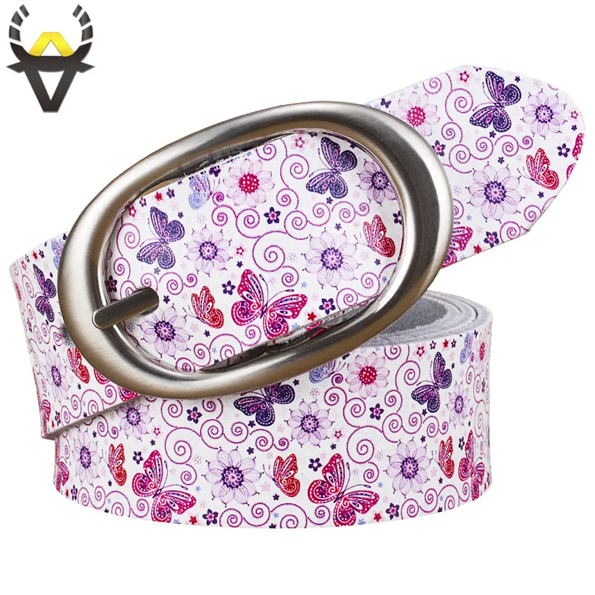 

Fashion genuine leather belts for women Printing butterfly floral cow skin belt woman Quality Pin buckle female strap Width 3.5