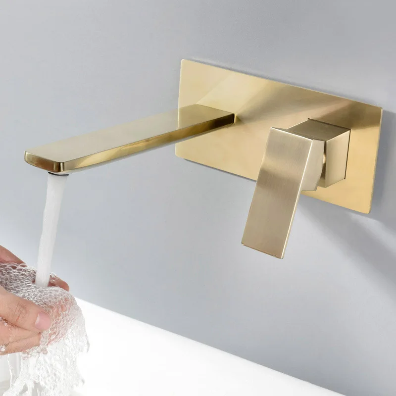 Wall Mounted Brushed Gold Brass Bathroom Basin Faucet Single Handle Hot And Cold Water Bathroom Sink Mixer Tap