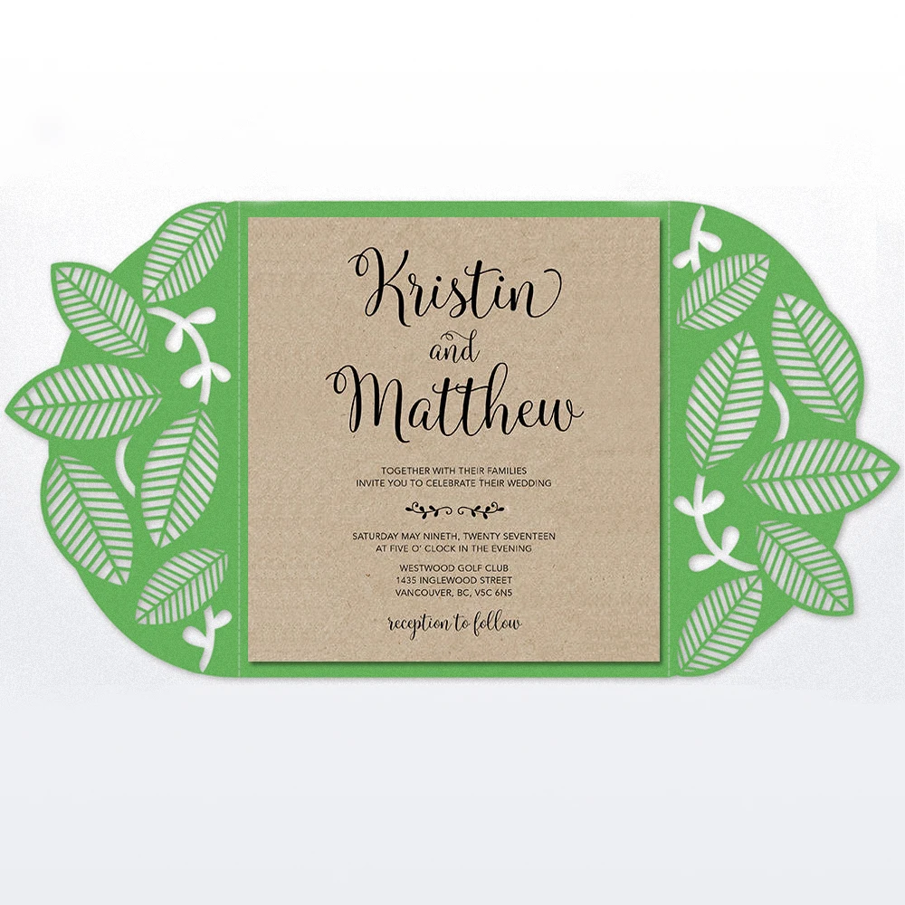 

Green Wedding Invitation with Kraft Paper Invitation Card Leaf Design Laser Cutting Invitations - Set of 50 pcs