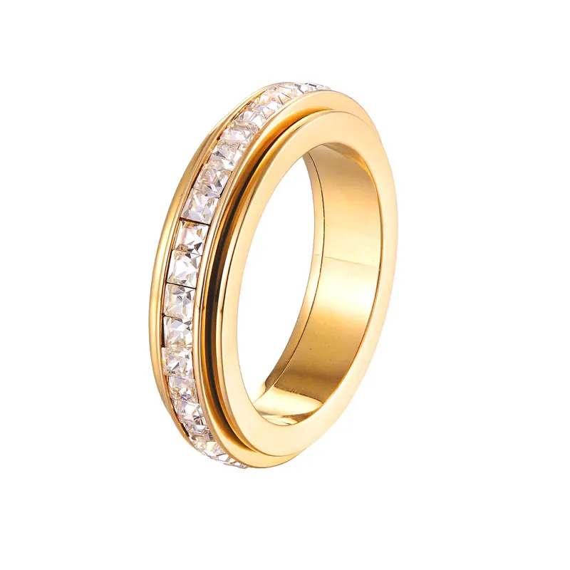 New Rotating Shiny Circle Square Crystal Ring for Women Titanium Steel Gold Color Luxury Famous Brand Jewelry Love Ring Gift