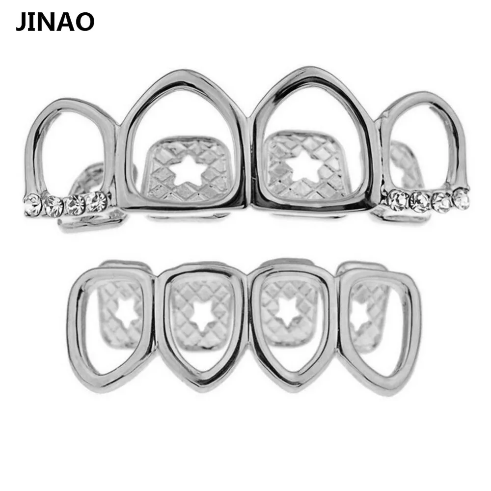 JINAO Grill Set Gold Color Plated Four Full Open Face Hollow Tooth Grillz Top with CZ & Bottom Teeth Grills Sets For Men & Women