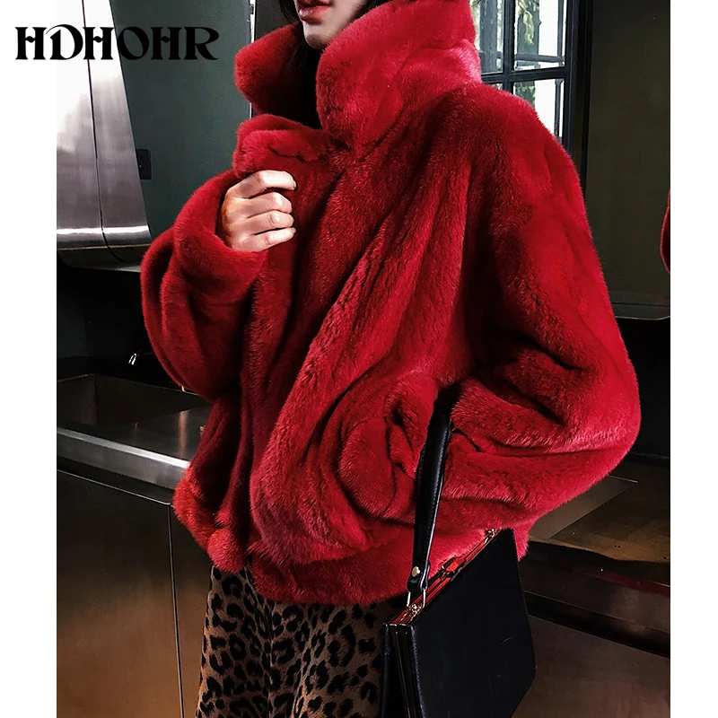 HDHOHR 2024 New 100% Real Mink Fur Coat Women Fashion Essential Natural Mink Coat Short Christmas Red Outerwear Winter Jacket