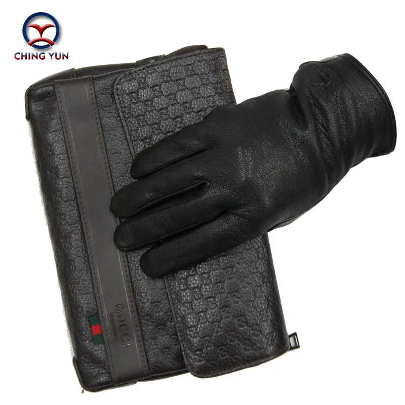 Invierno hombre de piel de venado guantes calientes hombres de cuero suave de los hombres manga del brazo negro hombres mittens imitar la piel del