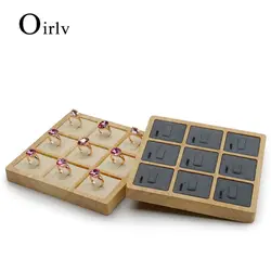 Oirlv Solid wood Cream-white&Dark gray 9 Seats Ring Display Stand Ring Tray with Microfiber insert Ring Holder Jewelry Organizer