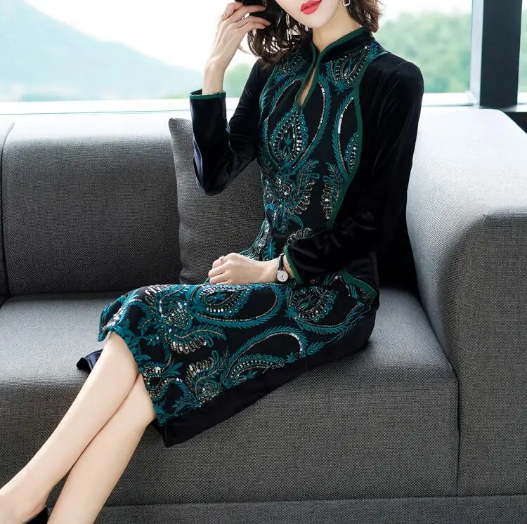 

Vintage pattern Evening Dress New year party prom gowns full sleeves evening dresses vestido de festa Vestido de noiva